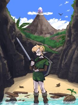 1boy absurdres beach bird blonde_hair boots brown_boots brown_shirt coconut egg feet_out_of_frame green_hat green_tunic gus_uur hat highres holding holding_sword holding_weapon link male_focus nintendo palm_tree pants parted_bangs phrygian_cap pointy_ears shield shield_on_back shirt short_hair sidelocks smile soaking_feet solo standing sword the_legend_of_zelda the_legend_of_zelda:_a_link_between_worlds tree tunic volcano weapon white_pants