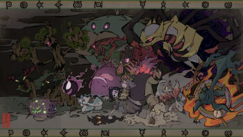 1boy 1girl acerola_(pokemon) ahoge allister_(pokemon) banette claws dhelmise dragapult dreepy froslass gastly gen_1_pokemon gen_2_pokemon gen_3_pokemon gen_4_pokemon gen_5_pokemon gen_6_pokemon gen_7_pokemon gen_8_pokemon gengar ghost_pose giratina giratina_(origin) glowing glowing_eyes highres hisuian_typhlosion hisuian_zoroark holding holding_pokemon jellicent jellicent_(male) legendary_pokemon marshadow mask mega_banette mega_pokemon mythical_pokemon nintendo ocha2_22 palossand pokemon pokemon_(creature) pokemon_sm pokemon_swsh purple_hair spiritomb trevenant unown unown_a unown_e unown_k unown_n unown_o unown_p unown_u unown_y