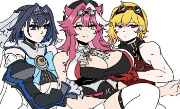 Rule 34 | 3girls, animal ear fluff, animal ears, anonymous npc, ascot, bare arms, bare shoulders, beret, black gloves, black scarf, black tube top, blonde hair, blue eyes, blue hair, breast lift, breasts, chain, chain headband, cleavage, closed mouth, clothing cutout, commentary, cropped sweater, detached sleeves, earrings, english commentary, eyeshadow, eyewear on head, fanged bangs, girl sandwich, gloves, goggles, goggles on head, grabbing another's breast, groping, hair intakes, hairband, hat, heart-shaped gem, highres, hololive, hololive english, hololive indonesia, huge breasts, jewelry, kaela kovalskia, kaela kovalskia (4th costume), leg up, long hair, looking at viewer, makeup, medium hair, meme, multicolored hair, multiple girls, ouro kronii, ouro kronii (1st costume), panther ears, panther girl, parody, parted lips, pink eyeshadow, pink hair, pinstripe pattern, pinstripe shirt, raora panthera, raora panthera (1st costume), red eyes, red gloves, red hairband, red sweater, ribbed sweater, ribbon earrings, sandwiched, scarf, servants holding aphrodite's breasts (meme), shirt, simple background, sleeveless, sleeveless sweater, slit pupils, strapless, streaked hair, sunglasses, sweater, thighhighs, tube top, underboob cutout, upper body, vest, virtual youtuber, white ascot, white background, white thighhighs, white vest, yellow eyes