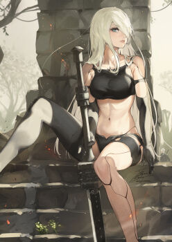 1girl a2_(nier:automata) android armlet asymmetrical_legwear black_gloves black_shorts black_tank_top black_thighhighs breasts commentary_request crop_top elbow_gloves fadingz gloves grey_eyes hair_over_one_eye highres jewelry joints lips long_hair midriff mole mole_under_mouth navel nier:automata nier_(series) revision robot_joints science_fiction shorts signature solo sword tank_top thighhighs very_long_hair weapon white_hair