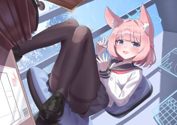 1girl animal_ear_fluff animal_ears autumn_leaves black_pantyhose black_sailor_collar black_skirt blue_archive blue_eyes blue_halo blue_sky chair commentary_request day desk dutch_angle fox_ears fox_girl halo head_tilt highres hologram knees_up leaf loafers long_sleeves looking_at_viewer miniskirt misono_(misonokei) neckerchief niko_(blue_archive) office_chair open_mouth panties panties_under_pantyhose pantyhose paper pink_hair pleated_skirt red_neckerchief sailor_collar school_uniform serafuku shoes short_hair sitting skirt sky smile solo swivel_chair thighband_pantyhose underwear upskirt white_serafuku window