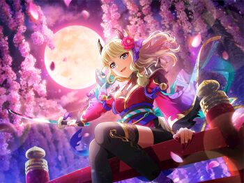 Rule 34 | 1girl, aqua eyes, black thighhighs, blonde hair, cherry blossoms, cosplay, demon horns, eyeshadow, fake horns, fang, full moon, game cg, hair ornament, holding, holding sword, holding weapon, horns, japanese clothes, japanese mythology, katana, kimono, long hair, long sleeves, looking at viewer, makeup, moon, obi, official art, pink eyeshadow, pink kimono, pink nails, sash, shoujo kageki revue starlight, shoujo kageki revue starlight -re live-, shuten douji (mythology), shuten douji (mythology) (cosplay), sitting, solo, sword, thighhighs, upper body, weapon, weeping cherry blossoms, wide sleeves, yumeoji shiori