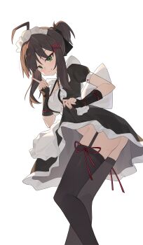 >:) 1girl absurdres ahoge alternate_costume apron artist_name ass back_bow black_dress black_gloves black_hair black_thighhighs blush bow breasts chinese_commentary cleavage closed_mouth clothes_lift commentary dress dress_lift enmaided feet_out_of_frame fingerless_gloves fingernails frilled_apron frilled_dress frills garter_straps gloves green_eyes hair_between_eyes hair_ornament hairclip hand_up highres hitachi_mako hu_shan. huge_ahoge huge_bow index_finger_raised large_breasts lifting_own_clothes looking_at_viewer maid maid_apron maid_headdress no_panties ponytail puffy_short_sleeves puffy_sleeves red_ribbon ribbon seductive_smile senren_banka short_dress short_hair_with_long_locks short_ponytail short_sleeves sidelighting simple_background smile smug solo standing thighhighs thighs tsurime upskirt v-shaped_eyebrows watermark white_apron white_background white_bow x_hair_ornament