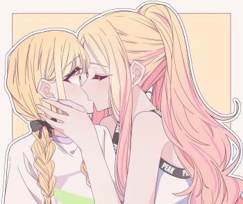 2girls blonde_hair border braid closed_eyes commentary fujita_kotone gakuen_idolmaster hand_on_another&#039;s_face highres idolmaster juo_sena kiss kousaka_0v0 long_hair multiple_girls outline pink_streaks shirt simple_background twin_braids upper_body white_border white_outline white_shirt yellow_background yellow_eyes yuri