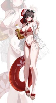 Rule 34 | absurdres, bikini, blush, bottle, buoy, choker, criss-cross strings, eyewear on head, flower, goddess of victory: nikke, hair flower, hair ornament, highleg, highres, lace, lace-trimmed bikini, lace trim, off shoulder, official alternate costume, rapi (zx4748), red bikini, red choker, red flower, sakura (bloom in summer) (nikke), sakura (nikke), sandals, sarong, sidelocks, sunglasses, swimsuit, thighs, wine bottle, zoom layer
