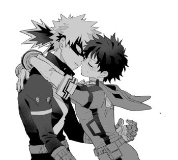 2boys arms_around_neck bakugou_katsuki belt belt_pouch boku_no_hero_academia commentary cowboy_shot eye_mask freckles gloves hood hood_down hover_hand imminent_kiss labhu long_sleeves looking_at_another male_focus mask midoriya_izuku multiple_boys pouch simple_background superhero_costume symbol-only_commentary white_background wide-eyed yaoi