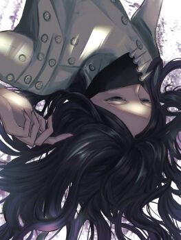 1boy as_nodt black_eyes black_hair bleach bleach:_sennen_kessen-hen commentary_request highres long_hair male_focus mask mouth_mask osirichandayoo quincy_(bleach) solo spiked_mask spikes sternritter upper_body upside-down wandenreich_uniform