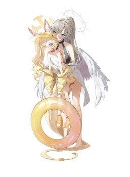 2girls above-cleavage_cutout absurdres animal_ears black_one-piece_swimsuit blue_archive breasts brown_hair carrying carrying_person clothing_cutout commentary_request cross_halo diamond_cutout feathered_wings fox_ears halo halterneck highres jacket korean_commentary large_breasts long_hair low_wings multiple_girls nagisa_(blue_archive) nagisa_(swimsuit)_(blue_archive) official_alternate_costume official_alternate_hairstyle one-piece_swimsuit orange-tinted_eyewear sandals seia_(blue_archive) seia_(swimsuit)_(blue_archive) size_difference sunglasses swimsuit tinted_eyewear transparent_background very_long_hair visor_cap wakum white_one-piece_swimsuit white_wings wings yellow_jacket yellow_sandals yellow_visor