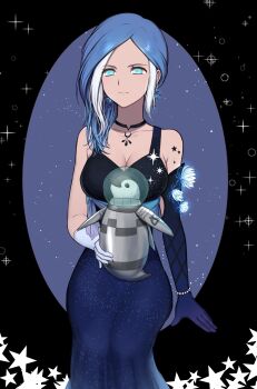 1girl black_background black_choker black_dress blue_circle blue_dress blue_eyes blue_gloves blue_hair breasts choker cleavage commentary dress dress_flower earrings elbow_gloves flower gloves gradient_clothes gradient_dress haniwa_(amesi_su) helmet highres inazuma_eleven inazuma_eleven_(series) invisible_chair jewelry large_breasts medium_hair multicolored_hair necklace no_pupils single_elbow_glove sitting space_helmet star_(symbol) star_earrings stuffed_animal stuffed_penguin stuffed_toy urubida white_gloves white_hair