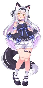1girl :o animal_ears arm_garter black_collar black_dress black_hairband black_shoes bloomers clothes_lift collar commentary_request dress dress_lift fang frilled_dress frills full_body gloves gradient_hair grey_hair hairband half_gloves highres lifting_own_clothes long_hair looking_at_viewer mary_janes multicolored_hair original parted_lips pink_hair shoes simple_background sleeveless sleeveless_dress socks sweatdrop tail thigh_strap two_side_up ug_(nekonekodou) underwear white_arm_garter white_background white_bloomers white_gloves white_socks yellow_eyes