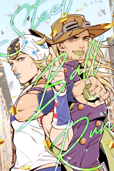 2boys ball beanie beard blonde_hair blue_eyes blue_lips brown_hat commentary_request cowboy_hat english_text facial_hair goggles goggles_on_headwear gold_teeth green_eyes green_lips grin gyro_zeppeli hat highres holding holding_ball horse_print horseshoe_hat_ornament horseshoe_ornament index_finger_raised johnny_joestar jojo_no_kimyou_na_bouken long_hair looking_at_viewer makeup male_focus marion-ville multiple_boys purple_shirt shirt short_hair short_sleeves smile star_(symbol) star_print steel_ball_(jojo) steel_ball_run thumbs_up white_hat white_shirt wristband