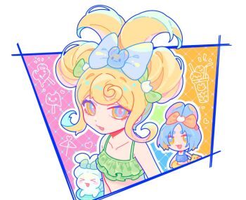 >_< 1boy 1girl animal_ears artist_self-insert bikini blonde_hair blue_bow blue_hair bow chibi cinnamiku_hairstyle cinnamoroll collarbone commentary_request danganronpa_(series) danganronpa_2:_goodbye_despair duck_innertube green_bikini green_bow innertube long_hair mouse_ears orange_eyes original saionji_hiyoko shizhong_wu_di_fushang short_eyebrows short_hair swim_ring swimsuit twintails updo