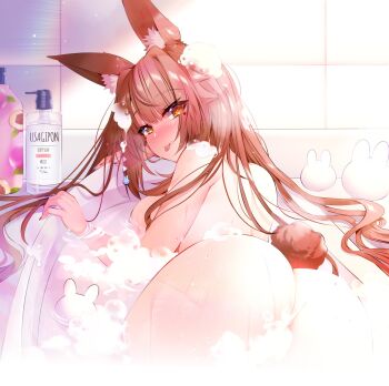 1girl :p absurdres animal_ear_fluff animal_ears ass back bath bathing bathroom bathtub blue_nails blush breasts brown_eyes brown_hair brown_tail bubble_bath commentary completely_nude convenient_censoring day fingernails from_behind good_ass_day hair_ornament hashtag-only_commentary highres indie_virtual_youtuber indoors large_breasts long_hair looking_at_viewer looking_back mark_under_both_eyes multicolored_nails nail_polish nose_blush nude partially_submerged pink_nails rabbit_ears rabbit_hair_ornament rabbit_tail self-portrait soap_bottle soap_bubbles soap_censor solo straight_hair sunlight symbol-only_commentary tail tongue tongue_out triangle_hair_ornament usagihime usagihime_(vtuber) virtual_youtuber