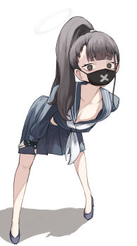 1girl absurdres bent_over black_eyes black_gloves black_hair black_mask black_shoes blue_archive blue_serafuku blue_shirt blue_skirt blunt_bangs breasts center-flap_bangs cleavage collarbone commentary_request downblouse fingerless_gloves full_body gloves halo highres lechiennoir long_hair looking_at_viewer mask medium_breasts midriff mouth_mask neckerchief no_dickey pleated_skirt ponytail school_uniform serafuku shadow shirt shoes skirt solo standing sukeban_(smg)_(blue_archive) white_halo white_neckerchief