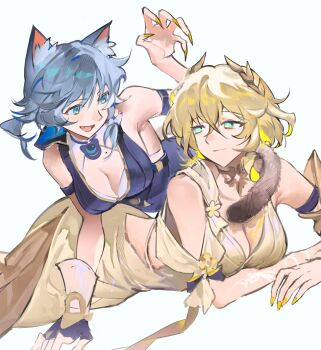 2girls aglaea_(honkai:_star_rail) blonde_hair blue_eyes bow breasts cat_girl cipher_(honkai:_star_rail) clothing_cutout dress gloves green_eyes grey_hair hashtag-only_commentary highres honkai:_star_rail honkai_(series) large_breasts leotard medium_breasts medium_hair mm19_mumu mole multiple_girls prehensile_tail simple_background single_glove tail yellow_nails