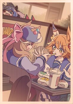 +_+ 4girls animal_ears blue_eyes blue_hair blush bow bowtie brown_hair burger closed_eyes clover_hair_ornament commentary_request crossed_bangs cup daruma_doll daruma_doll_hair_ornament disposable_cup ear_covers ears_through_headwear feeding flipped_hair food food_in_mouth four-leaf_clover_hair_ornament french_fries hair_between_eyes hair_ornament hat heterochromia honkawa_works horse_ears horse_girl long_hair long_sleeves matikanefukukitaru_(umamusume) matikanetannhauser_(umamusume) mcdonald's medium_hair multicolored_hair multiple_girls newsboy_cap nice_nature_(umamusume) open_mouth orange_hair pleated_skirt purple_eyes purple_sailor_collar purple_serafuku purple_shirt purple_skirt sailor_collar sailor_shirt school_uniform serafuku sharp_teeth shirt short_hair single_ear_cover sitting skirt smile streaked_hair table teeth tracen_school_uniform twin_turbo_(umamusume) umamusume white_bow white_bowtie