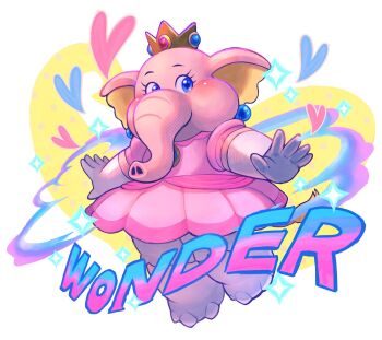 1girl animal_ears bloomers blue_eyes blush co_co_mg commentary crown dress earrings elephant_ears elephant_girl elephant_peach elephant_tail english_text eyelashes furry furry_female heart highres jewelry looking_at_viewer mario_(series) nintendo pink_dress polka_dot polka_dot_background princess_peach puffy_short_sleeves puffy_sleeves short_sleeves simple_background solo sparkle sphere_earrings super_mario_bros._wonder symbol-only_commentary underwear white_background white_bloomers yellow_background