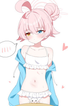 1girl absurdres adachi_(ttriwk) ahoge alternate_hairstyle arms_behind_back bikini blue_archive blue_eyes blue_hoodie blush cameltoe closed_mouth commentary desk do_you_want_to_pet_my_cat_(meme) dot_mouth dot_nose drawn_ears drawn_whiskers drawstring embarrassed frilled_bikini frills hair_bun hair_flaps hair_intakes halo heart heterochromia highres hood hoodie hoshino_(blue_archive) hoshino_(swimsuit)_(blue_archive) looking_to_the_side meme navel official_alternate_costume open_clothes open_hoodie pink_halo short_hair sidelocks simple_background solo spoken_blush stomach swimsuit white_background white_bikini yellow_eyes