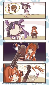 1boy 2girls angry beret black_boots black_gloves black_hair boots brown_hair commander_(nikke) fleeing gloves goddess_of_victory:_nikke hair_ribbon hat highres jacket mole mole_under_eye multicolored_hair multiple_girls necktie open_clothes open_jacket purple_hair rapi_(nikke) rapi_(red_hood)_(nikke) red_eyes red_hair ribbon streaked_hair stupidleon2 sweatdrop syuen_(nikke) thighhighs threatening thumbs_up