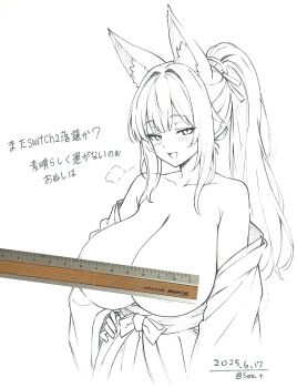 1girl absurdres animal_ear_fluff animal_ears breasts breasts_out censored clothes_down cowboy_shot dated fox_ears fox_girl highres japanese_clothes kimono large_breasts long_hair looking_at_viewer monochrome novelty_censor open_clothes open_kimono open_mouth original ponytail puff_of_air ruler seo_tatsuya sidelocks smile solo traditional_media twitter_username