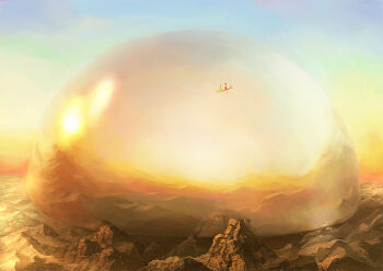 Rule 34 | 1girl, black hair, blue sky, bubble, canyon, clear sky, commentary request, desert, dress, flying, food, mountain, nuq, original, outdoors, red dress, scenery, shrimp, shrimp tempura, sky, solo, tempura