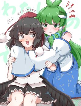 2girls ayaya~ black_eyes black_hair black_wings blue_skirt blush closed_mouth commentary_request detached_sleeves flying_sweatdrops frilled_skirt frills frog_hair_ornament green_eyes green_hair hair_ornament hair_tubes hat hug hug_from_behind kneeling kochiya_sanae long_hair long_sleeves looking_at_another looking_at_viewer multiple_girls pom_pom_(clothes) pout red_hat shameimaru_aya shirt single_hair_tube sitting skirt sleeves_past_fingers sleeves_past_wrists snake_hair_ornament squiggle sweat tanikake_yoku tokin_hat touhou translation_request white_shirt wings yuri