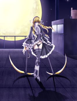 blonde_hair blue_eyes gothic_lolita grasshopper_manufacture gun highres lolita_fashion margaret_moonlight no_more_heroes no_more_heroes_2 rifle scythe sniper thighhighs weapon