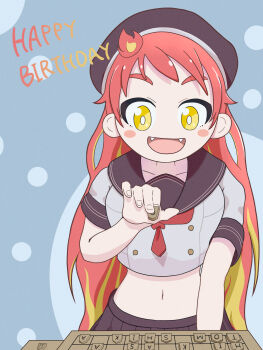 Rule 34 | 1girl, :d, absurdres, beret, blonde hair, blush stickers, board game, bright pupils, brown hat, brown sailor collar, brown skirt, character name, commentary, cropped shirt, emezame, fangs, happy birthday, hat, highres, hikasa tomoshika, holding shogi piece, long hair, navel, neckerchief, open mouth, pleated skirt, red hair, red neckerchief, sailor collar, shirt, shogi, shogi piece, skirt, smile, solo, virtual youtuber, voms, white pupils, white shirt, yellow eyes