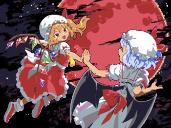 2girls artist_name aseprite_(medium) black_sky blonde_hair blue_hair bow character_request cloud commentary_request crystal_wings double-parted_bangs dress dress_bow eudetenis flandre_scarlet flying full_moon hat holding_hands long_hair looking_at_another mob_cap moon multiple_girls night open_mouth original outdoors pixel_art red_bow red_dress red_eyes red_moon remilia_scarlet short_hair short_sleeves siblings sisters sky smile touhou white_dress white_hat wings