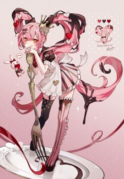 1girl animal apron asymmetrical_legwear back_bow black_thighhighs bow bow_legwear brown_bow brown_shirt brown_thighhighs chibi chocolate closed_eyes clothed_animal collared_shirt color_guide commentary_request covered_mouth cross_hair_ornament crossed_bangs crown english_text facial_mark facing_viewer floating floating_hair food_on_hair fork full_body garter_straps gradient_background hair_between_eyes hair_bow hair_ornament hair_over_shoulder hair_through_headwear happy_valentine heart heart-shaped_hair heart_facial_mark heart_hair_ornament heart_in_eye heart_sticker highres holding holding_fork in_container interlocked_fingers leaning_forward light_particles limited_palette long_hair looking_ahead looking_at_another looking_at_viewer melting mini_crown miniskirt multiple_views nail_polish necktie orange_eyes original oversized_object own_hands_together ozaki_domino petticoat pink_background pink_hair pink_nails pink_skirt pink_theme plate pleated_skirt print_necktie print_thighhighs puffy_short_sleeves puffy_sleeves rabbit red_necktie red_ribbon ribbon shirt shoes short_necktie short_sleeves skirt sparkle speech_bubble standing sticker striped_bow striped_clothes striped_skirt striped_thighhighs symbol_in_eye tailcoat thighhighs tilted_headwear twintails valentine vertical-striped_clothes vertical-striped_skirt vertical-striped_thighhighs very_long_hair white_apron yellow_eyes zettai_ryouiki