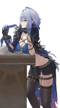 1girl absurdres black_flower black_gloves black_jacket black_pantyhose black_shorts black_thighhighs blake_bloom_(wuthering_waves) blue_bra blue_hair blue_nails bra breasts commentary earrings feet_out_of_frame fingernails flower food galbrena_(wuthering_waves) gloves grey_hair head_rest highres holding holding_food holding_popsicle jacket jewelry large_breasts long_fingernails looking_ahead medium_hair megu_(jim48834420) mutation open_clothes open_jacket open_mouth pantyhose popsicle purple_eyes short_shorts shorts sidelocks simple_background single_leg_pantyhose single_thighhigh solo stomach thigh_strap thighhighs underwear white_background wuthering_waves