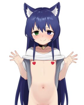 1girl absurdres animal_ear_fluff bell blue_eyes blue_hair blush bottomless censored censored_nipples clothes_lift cowboy_shot flat_chest green_eyes groin hands_up heterochromia highres loli long_hair mikoscrub navel neck_bell nervous_smile original shirt shirt_lift simple_background smile solo standing stomach straight-on white_background white_shirt