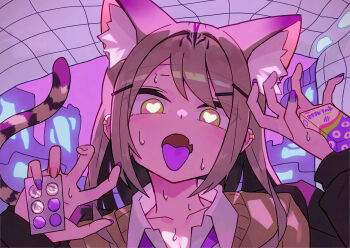 1girl absurdres animal_ear_fluff animal_ears black_jacket brown_hair brown_sweater cat_ears cat_girl collared_shirt colored_tongue commentary_request fang hair_intakes hair_ornament hairclip hands_up heart heart-shaped_pupils highres jacket katsu_(katsupainter) long_hair long_sleeves looking_at_viewer open_clothes open_jacket open_mouth original pill portrait purple_tongue school_uniform shirt skin_fang solo sweat sweater symbol-shaped_pupils tongue tongue_out white_shirt yellow_eyes