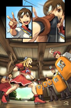 Rule 34 | 1990s (style), 1girl, 2006, 5boys, :d, :o, ankle boots, antenna hair, apron, armor, belt, bike shorts, black bike shorts, blonde hair, blue neckerchief, blurry, boots, bow, bowtie, braid, breasts, brown eyes, brown hair, capcom, ceiling, clenched hand, closed eyes, cloud, comic, company logo, crop top, dated, dress shirt, fighting stance, fingerless gloves, from below, glasses, gloves, grin, hair bow, half up braid, headband, helmet, high heels, highres, indoors, ishizaki, kanzuki karin, kasugano sakura, long hair, medium breasts, midriff, motion blur, motion lines, multiple boys, navel, neckerchief, necktie, omar dogan, open mouth, own hands together, pants, photo (object), pleated skirt, plump, profile, punching, punching bag, red serafuku, retro artstyle, ringlets, sailor collar, school uniform, serafuku, shirt, shoes, shorts, shorts under skirt, skirt, sky, smile, speed lines, standing, street fighter, street fighter zero (series), tan, teeth, training, tree, turtleneck, udon entertainment, upper teeth only, v, wooden floor