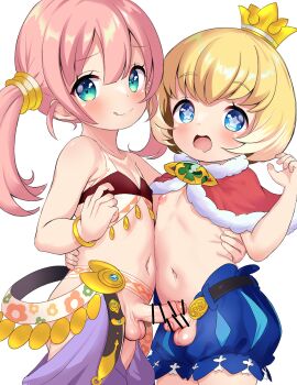 2boys :d :q aqua_eyes bar_censor blonde_hair blue_eyes blue_shorts blush bracelet capelet censored chaps covered_erect_nipples cowboy_shot crown dancer_(sekaiju) dancer_2_(sekaiju) erection etrian_odyssey foreskin frottage fur-trimmed_capelet fur_trim genderswap genderswap_(ftm) hand_on_another's_waist highres hug jewelry long_hair looking_at_viewer male_focus mini_crown multiple_boys navel nipples no_panties no_shirt nokino open_mouth penis penis_out penis_size_difference penises_touching pink_hair prince puffy_shorts sekaiju_no_meikyuu sekaiju_no_meikyuu_4 shorts shota small_penis smile sovereign_(sekaiju) sovereign_1_(sekaiju) star-shaped_pupils star_(symbol) symbol-shaped_pupils testicles tongue tongue_out transparent_background trap trap_on_trap twintails