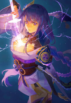 1girl armor asymmetrical_sleeves blunt_bangs braid breasts bridal_gauntlets cleavage commentary_request drawing_sword electricity from_side genshin_impact glowing glowing_sword glowing_weapon gradient_hair hair_ornament highres holding holding_sword holding_weapon human_scabbard japanese_clothes katana kimono large_breasts lingerie long_braid long_hair mitsudomoe_(shape) mole mole_under_eye multicolored_hair musou_isshin_(genshin_impact) natori_(na_to_ri_e) neck_ribbon parted_lips purple_eyes purple_hair purple_kimono raiden_shogun red_ribbon red_sash ribbon sash shoulder_armor single_braid solo streaked_hair sword sword_between_breasts thighhighs thighs tomoe_(symbol) underwear uneven_sleeves weapon wide_sleeves