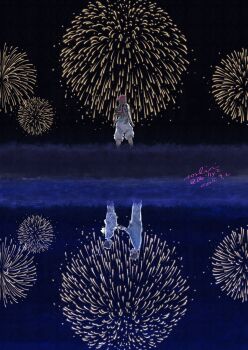 Rule 34 | 0billy2, 1girl, 2boys, absurdres, aerial fireworks, akaza (kimetsu no yaiba), artist name, baggy pants, black hair, couple, cropped vest, dated, different reflection, dual persona, facing away, fireworks, from behind, hakuji (kimetsu no yaiba), hetero, highres, holding hands, japanese clothes, kimetsu no yaiba, kimono, koyuki (kimetsu no yaiba), looking at another, multiple boys, pants, pink hair, reflection, short hair, twitter username, updo, vest, white pants
