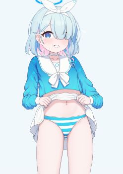 1girl arona_(blue_archive) blackness_(blackness661) blue_archive blue_eyes blue_hair blue_halo blue_panties blue_pupils blue_shirt blush braid choker clothes_lift collarbone colored_inner_hair cowboy_shot gluteal_fold grin hair_over_one_eye hair_ribbon hairband halo heart lifting_own_clothes loli long_sleeves looking_at_viewer midriff multicolored_hair navel panties pink_hair pleated_skirt ribbon sailor_collar school_uniform serafuku shirt short_hair simple_background single_braid skirt skirt_lift smile solo striped_clothes striped_panties two-tone_hair underwear white_background white_choker white_hairband white_ribbon white_sailor_collar white_skirt