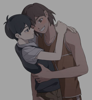 Rule 34 | 2boys, ;d, absurdres, antenna hair, arms around neck, bare arms, bare shoulders, black eyes, black hair, black sweater vest, bright pupils, brown eyes, brown hair, brown pants, brown tank top, bskrf vc, cheek-to-cheek, chinese commentary, closed mouth, collarbone, collared shirt, commentary request, cowboy shot, dark-skinned male, dark skin, double-parted bangs, eye contact, fingernails, grey background, grey pupils, grin, hair behind ear, hair between eyes, hand on another's waist, hands up, heads together, highres, hug, interracial, jitome, kel (faraway) (omori), kel (omori), light blush, looking at another, male focus, multiple boys, omori, one eye closed, open mouth, pants, profile, shirt, short hair, short sleeves, sideways mouth, simple background, single vertical stripe, smile, standing, sunny (omori), sweater vest, tank top, toned, toned male, very short hair, white shirt, white trim, yaoi