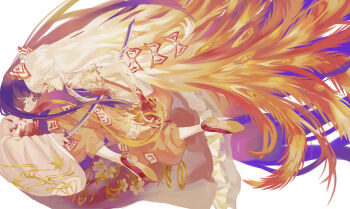 Rule 34 | 2girls, :d, absurdly long hair, absurdres, black hair, bleeding, blood, bow, brown eyes, commentary request, fang, fire, floral print, floral print skirt, from side, fujiwara no mokou, hair bow, heart (organ), highres, holding, holding heart (organ), holding sword, holding weapon, houraisan kaguya, huameiyu, light smile, long hair, long sleeves, multiple girls, ofuda, ofuda on clothes, open mouth, pants, phoenix feather, pink shirt, print skirt, red eyes, red pants, red shoes, red skirt, red suspenders, shirt, shoes, short sleeves, skirt, smile, stab, sword, torn clothes, touhou, very long hair, weapon, white background, white bow, white hair