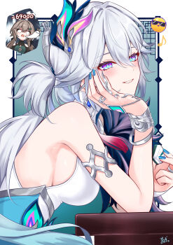 Rule 34 | 2girls, absurdres, armlet, blue dress, blue eyes, blue nails, bracelet, breasts, brown hair, commentary request, dress, eighth note, hair between eyes, head on hand, head rest, highres, holding, holding mahjong tile, honkai: star rail, honkai (series), jewelry, large breasts, long hair, mahjong, mahjong tile, multicolored eyes, multiple girls, musical note, nail polish, parted lips, peacock feathers hair ornament, purple eyes, qingque (honkai: star rail), sideboob, signature, silver armlet, silver bracelet, sleeveless, sleeveless dress, smile, tiizumaru98, twintails, two-tone dress, two-tone eyes, white dress, white hair, yao guang (honkai: star rail)