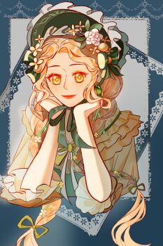 1girl blonde_hair blue_border border bow bowtie chinese_commentary closed_mouth collared_shirt colored_eyelashes commentary_request cropped_torso earrings flower frilled_headwear frilled_shirt_collar frilled_sleeves frills green_bonnet green_bow green_bowtie green_ribbon green_vest grey_background hair_bow hair_flower hair_ornament hair_ribbon hands_on_own_cheeks hands_on_own_face happy highres infinity_nikki jewelry juliet_sleeves leaf lipstick long_hair long_sleeves looking_at_viewer low_twintails makeup moment_of_spring_(infinity_nikki) neck_ribbon nikki_(series) orange_flower outside_border picture_frame puffy_sleeves red_lips ribbon shanfengzhu shirt sidelocks single_earring smile solo sphere_earrings three-quarter_sleeves twintails very_long_hair vest wavy_hair white_flower yellow_eyes yellow_flower yellow_pupils yellow_shirt