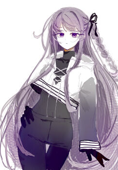 1girl alternate_costume black_gloves black_pants black_ribbon black_shirt braid cho_koko-kyu_no_washi closed_mouth commentary_request cowboy_shot danganronpa:_trigger_happy_havoc danganronpa_(series) gloves hair_ribbon highres kirigiri_kyoko long_hair pants pink_eyes pink_hair ribbon shirt simple_background solo white_background