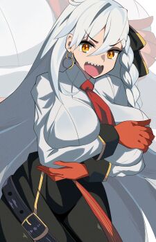 Rule 34 | ahoge, belt, black wrist cuffs, bow, bra visible through clothes, braid, breasts, collared shirt, commentary request, earrings, fate/grand order, fate (series), gloves, hair bow, highres, huge breasts, jewelry, long hair, necktie, olga marie animusphere, olga marie animusphere (unbeast), open mouth, orange eyes, puti tomato19, red gloves, sharp teeth, shirt, teeth, very long hair, white hair, wide hips, wrist cuffs