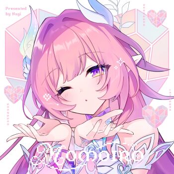 Rule 34 | 1girl, ;o, bare shoulders, commentary, cyrene (demiurge) (honkai: star rail), cyrene (honkai: star rail), diamond-shaped pupils, diamond (shape), dress, elf, flower, hair flower, hair intakes, hair ornament, heart, highres, honkai: star rail, honkai (series), long hair, looking at viewer, multicolored hair, one eye closed, pink hair, pointy ears, portrait, purple eyes, shirase (shirose), solo, symbol-only commentary, symbol-shaped pupils, two-tone hair, very long hair, white dress, white hair