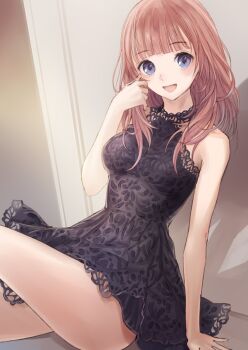 Rule 34 | 1girl, :d, arm support, atelier (series), atelier lulua, bare shoulders, black dress, blue eyes, blunt bangs, breasts, brown hair, commentary request, dress, hand up, indoors, kishida mel, lace, lace-trimmed dress, lace trim, long hair, looking at viewer, medium breasts, official art, open mouth, rorolina frixell, sitting, sleeveless, sleeveless dress, smile, solo