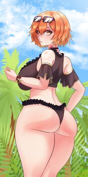 1girl 2025 absurdres apollo_mythos_(vtuber) arm_up ass back bikini black_choker blue_sky breasts brown_bikini choker chuchanchel clenched_hand cloud cloudy_sky commentary cowboy_shot curvy dark-skinned_female dark_skin detached_sleeves english_commentary eyebrows_hidden_by_hair eyewear_on_head female_focus flower_tattoo frilled_bikini frilled_sleeves frills gradient_hair hair_between_eyes highres hip_focus huge_ass huge_breasts huge_filesize jewelry legs_together looking_back multicolored_hair mythos_(vtuber) narrow_waist neck_tattoo orange_eyes orange_hair outdoors palm_tree parted_lips ring ringed_eyes short_hair shoulder_tattoo sideboob sky slit_pupils solo standing sun_symbol sun_tattoo sunglasses swimsuit tan tattoo tree virtual_youtuber