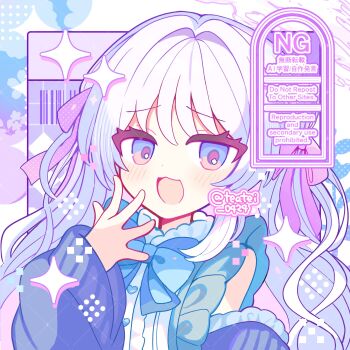 Rule 34 | 1girl, :3, :d, blue bow, blue bowtie, blue eyes, blue shirt, blush, bow, bowtie, commentary, commission, dot nose, hand up, highres, long hair, long sleeves, looking at viewer, open mouth, original, portrait, shirocha tei, shirt, skeb commission, smile, solo, sparkle, twitter username, watermark, white hair, wide sleeves