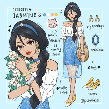 1girl aladdin_(movie) alternate_costume black_hair breasts brown_eyes choker dark-skinned_female dark_skin earrings jasmine_(disney) jewelry long_hair looking_at_viewer off_shoulder pslu0423 shirt skirt smile solo very_long_hair