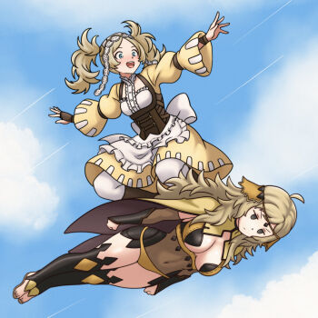 Rule 34 | 2girls, blonde hair, blue eyes, blue sky, bodystocking, breasts, cleavage, commission, covered navel, fire emblem, fire emblem awakening, fire emblem fates, flying, frown, grandmother and granddaughter, grey eyes, hayato stuff, highres, human board, lissa (fire emblem), medium breasts, multiple girls, nintendo, ophelia (fire emblem), panties, second-party source, sky, small breasts, surfing, thighs, twintails, underwear, yellow panties